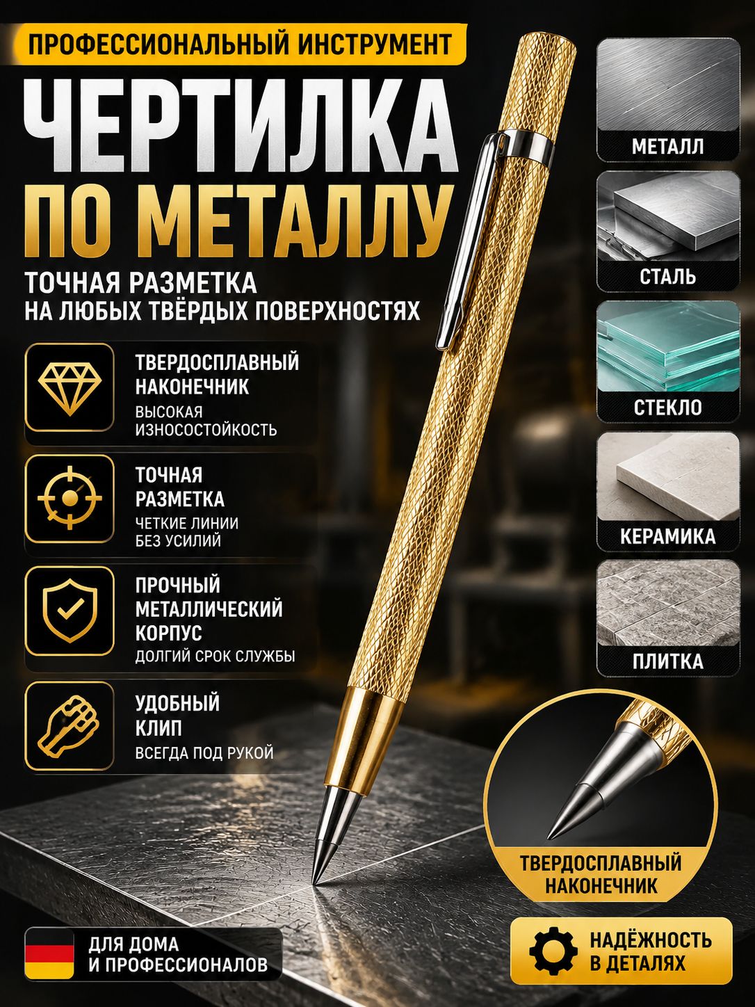 Чертилка по металлу разметочная, инструмент для точной разметки металла, стекла, плитки и керамики