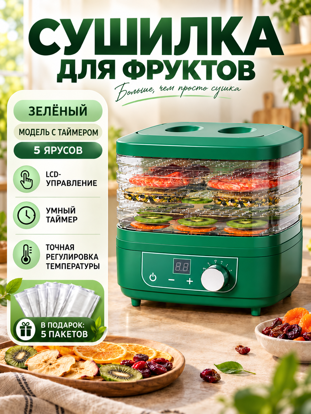 Домашняя электросушилка для фруктов и овощей, 360° циркуляция воздуха, регулировка температуры