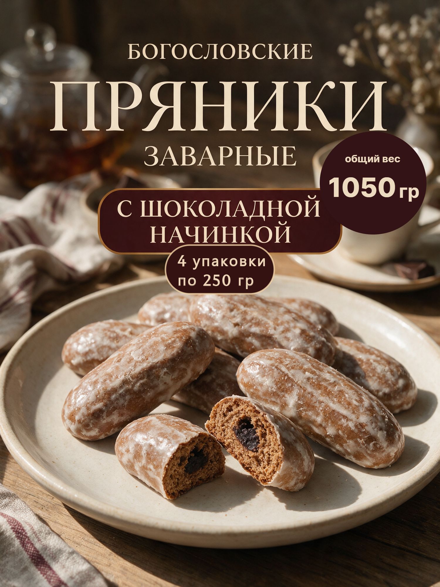 Пряники заварные шоколадные Богословские с шоколадной начинкой, глазированные, набор 4 упаковки по 240 г, 960 г, мягкие пряники к чаю