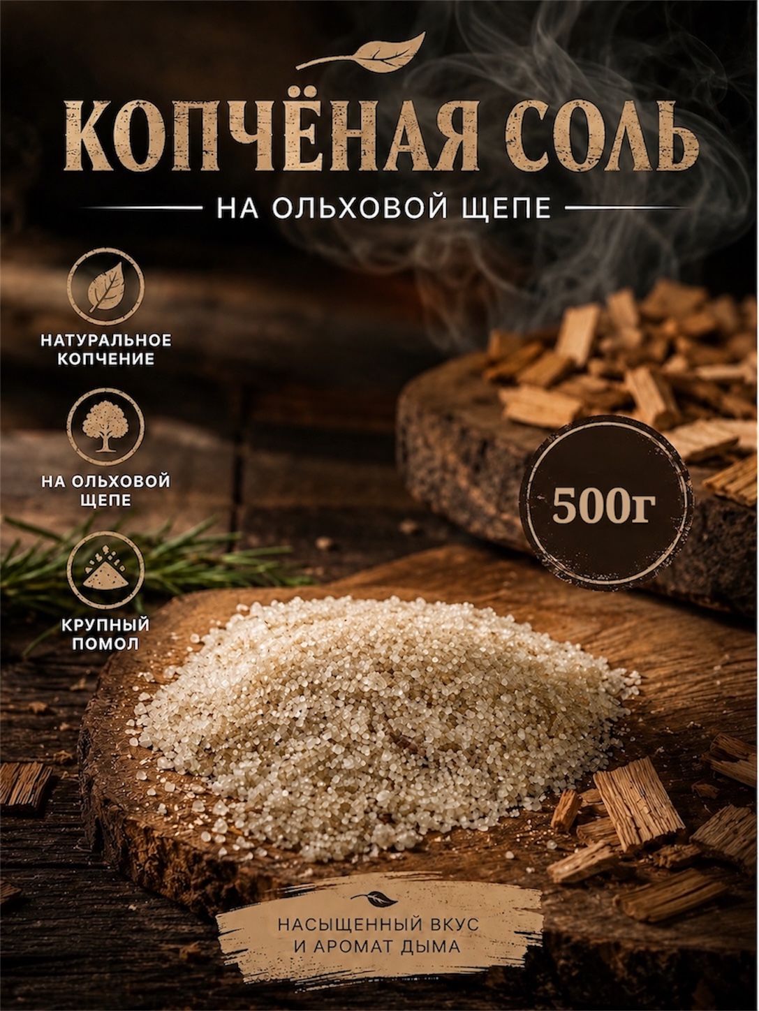 Соль копченая, без добавок, на ольховой щепе, 500г