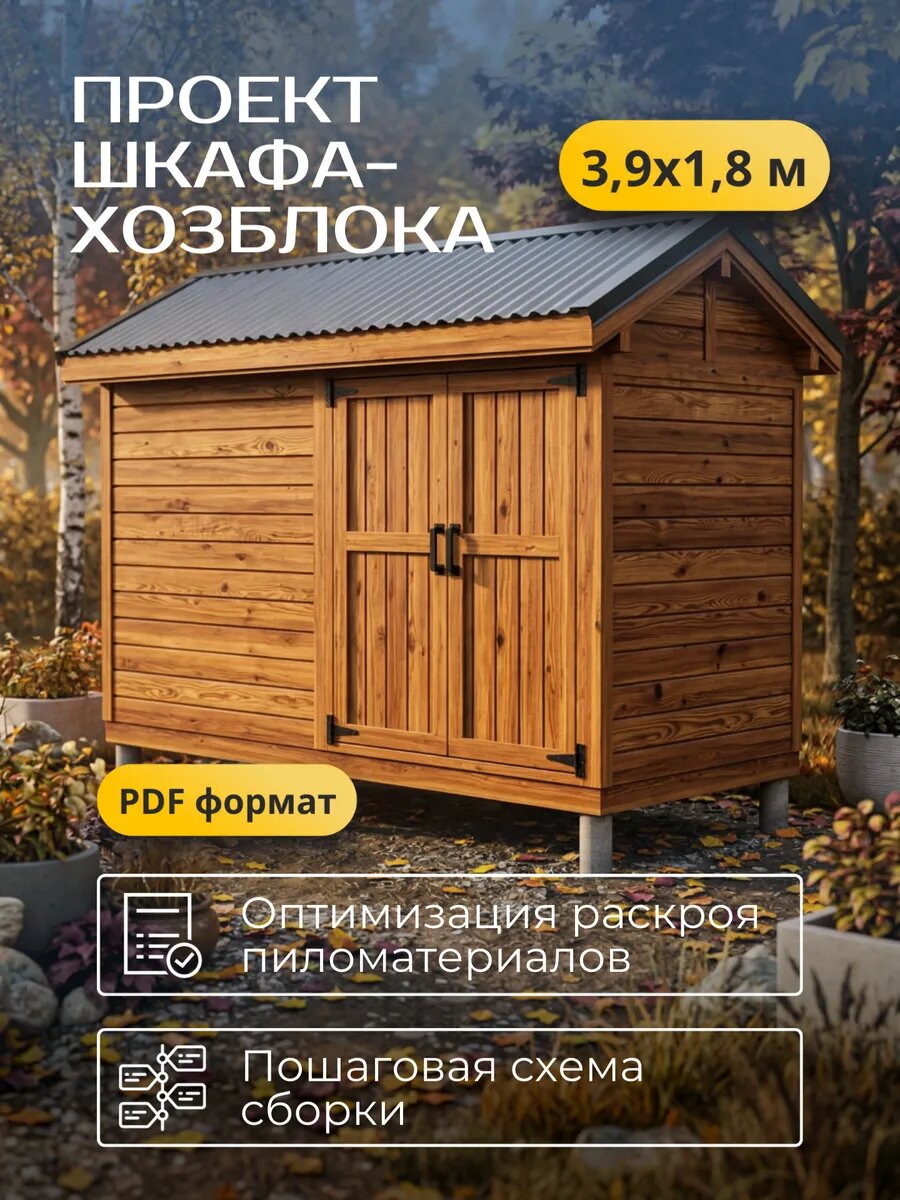 Проект шкафа-хозблока 3,9х1,8м, 7,02 м², электронная версия с комплектом чертежей в PDF