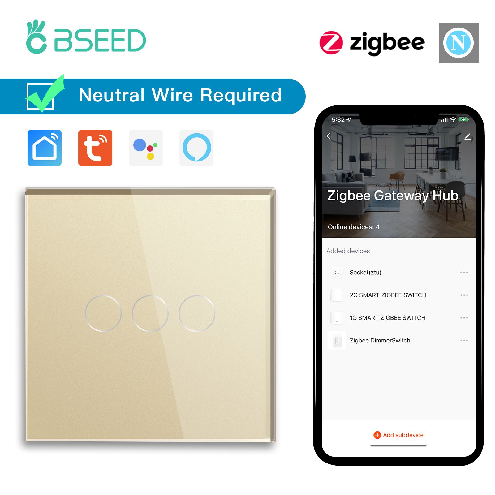 Сенсорный выключатель умный, Zigbee, Три клавиши, с Алисой, голосовое управление, с панелью из закаленного стекла,86mm