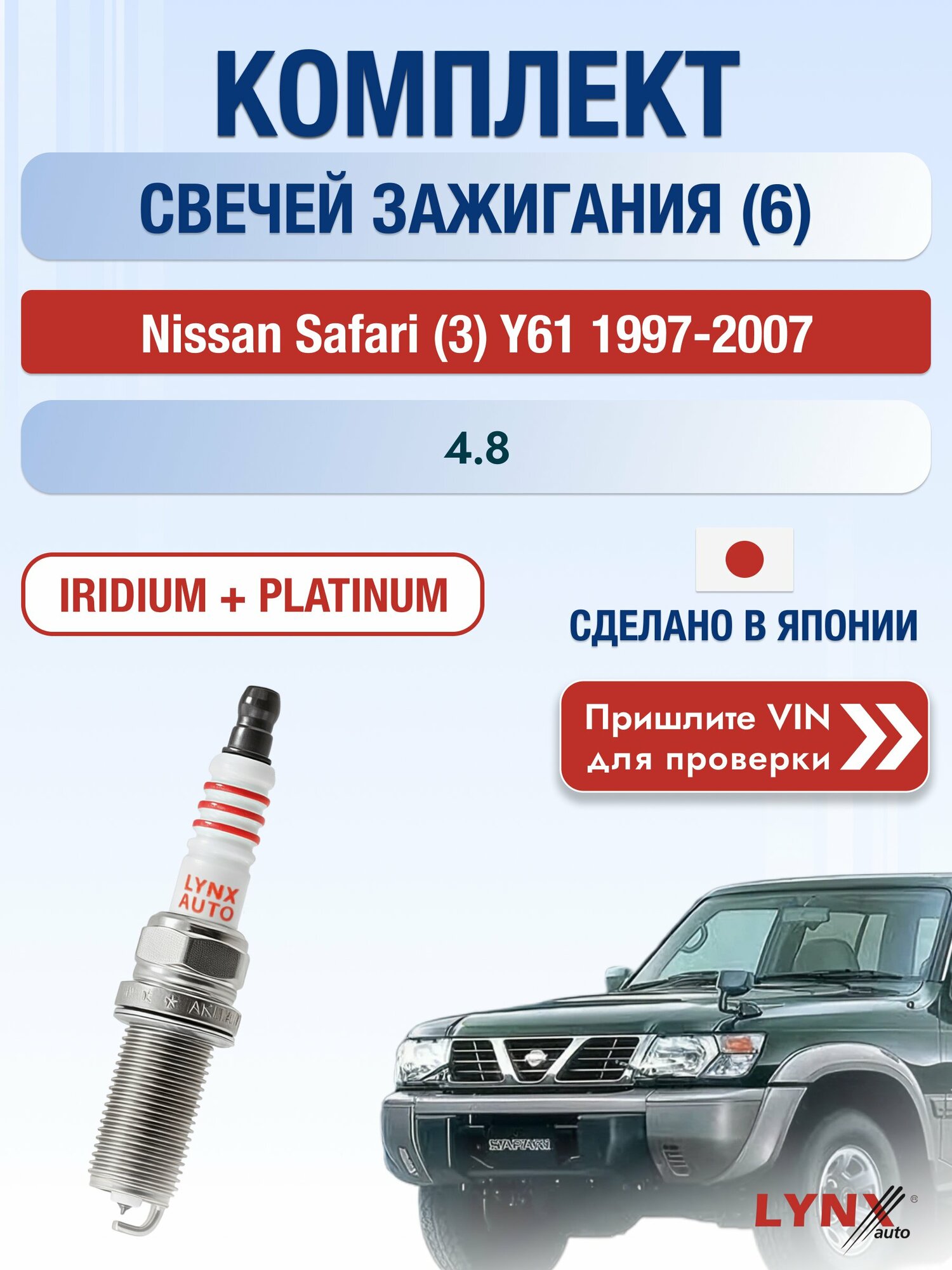 Свечи зажигания на Nissan Safari (3) Y61, комплект 6 шт / 1997-2007 / Двигатель 4.8 (TB48DE) TB48DE SР-236 LYNXauto