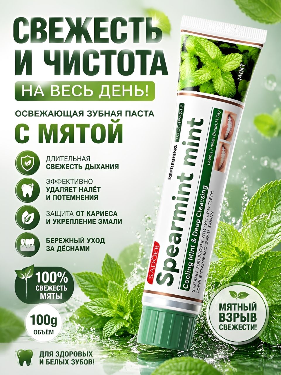 Отбеливающая зубная паста с ежедневной защитой, мятная, для чувствительных зубов, с фтором, 100 г