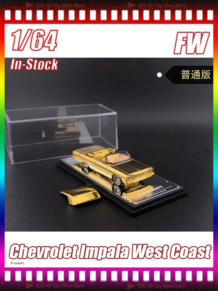 Fine Works FW 1:64 Лоурайдер Chevrolet Impala West Coast, золотое гальваническое покрытие, люкс с поворотной подставкой