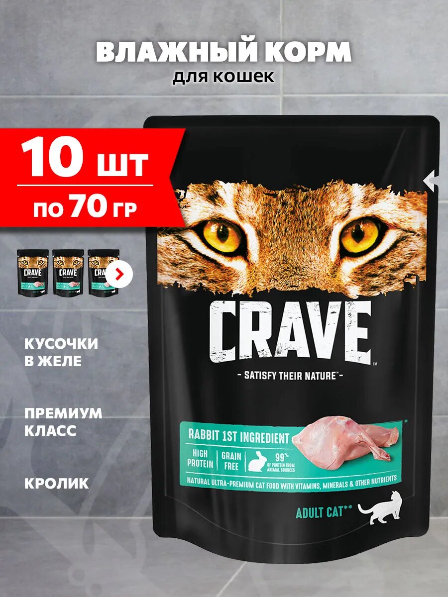 Корм влажный Crave для взрослых кошек, кролик в желе, 70 г 10 шт