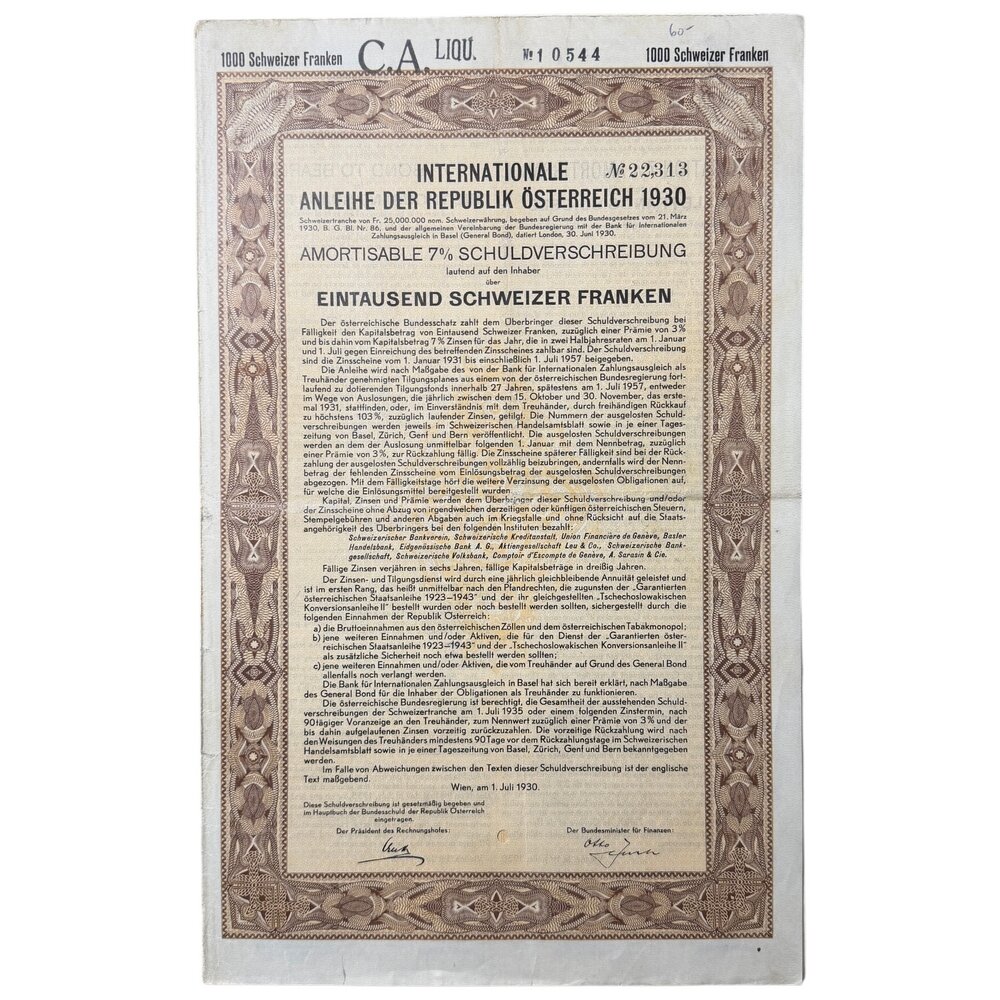 Австрия, облигация международного займа на 1000 франков 1930 г. (Серия CA)