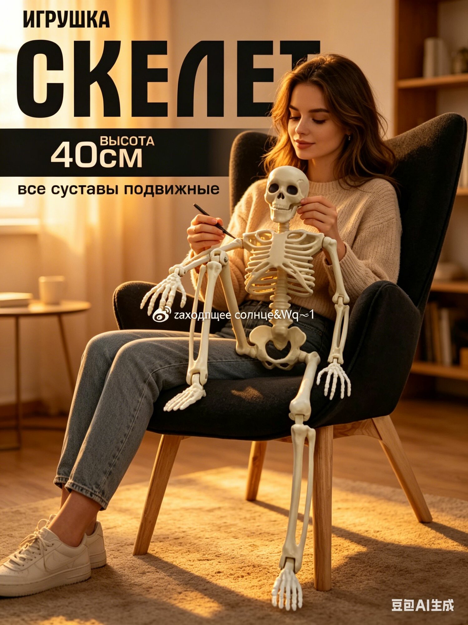 Скелет 40 см для Хэллоуина, подвижные суставы, стоит и висит, для декора комнаты страха