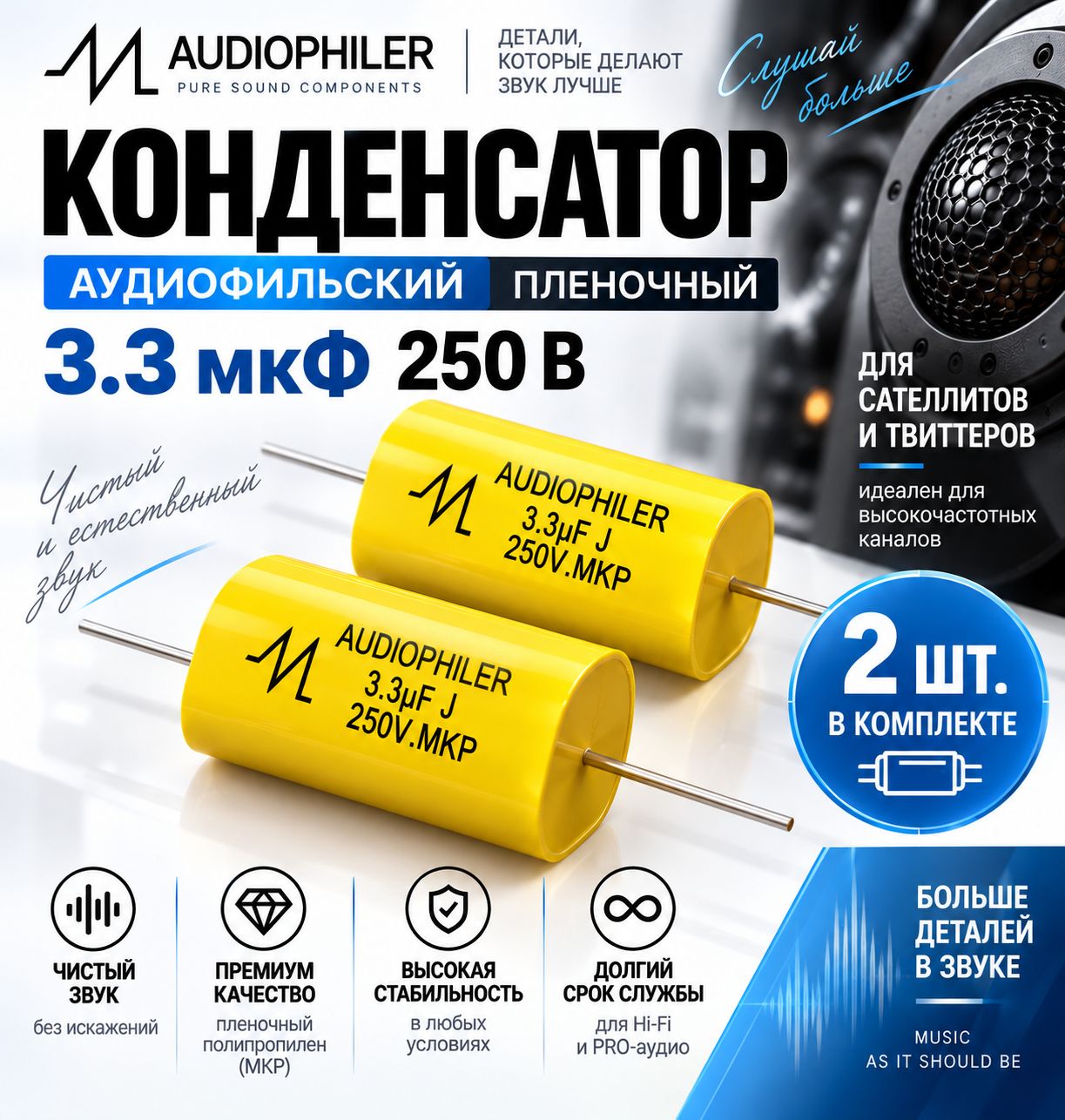 Пленочные конденсаторы 3.3 мкф (2шт). Конденсаторы для автоакустики, твитера и автозвука.