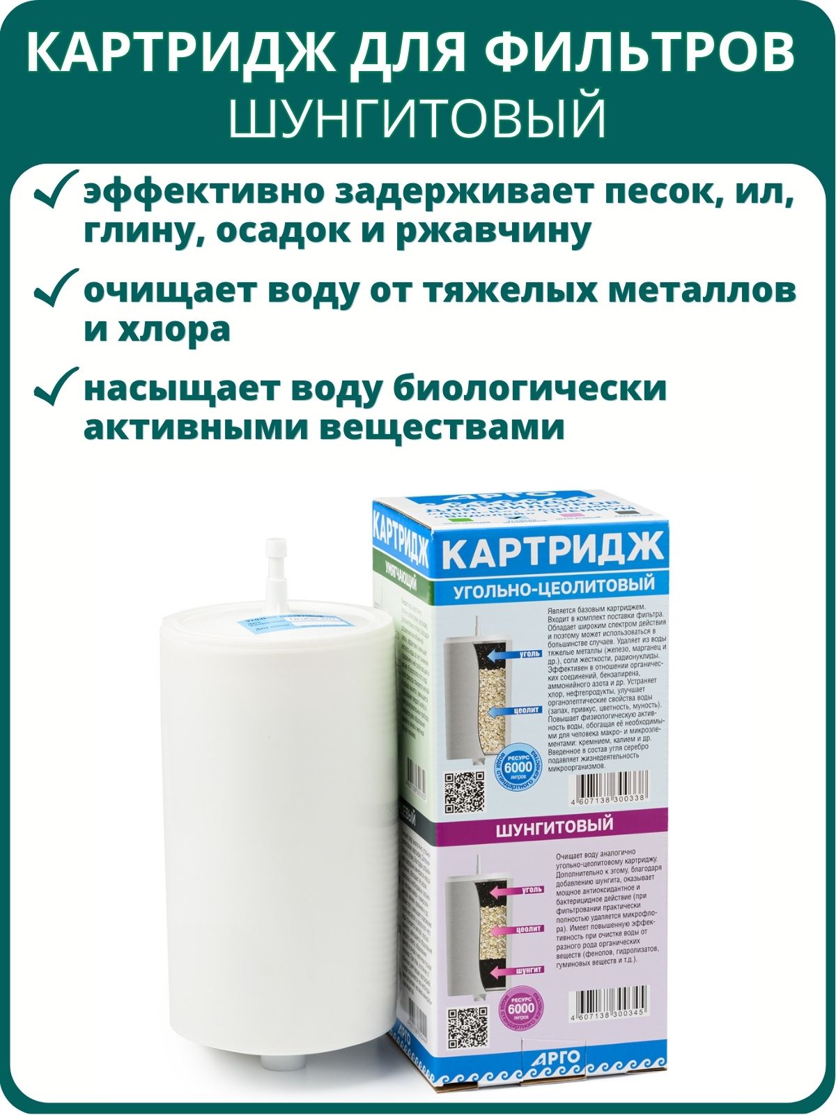 Картридж для фильтров арго-к, арго-мк и Водолей премиум Шунгитовый
