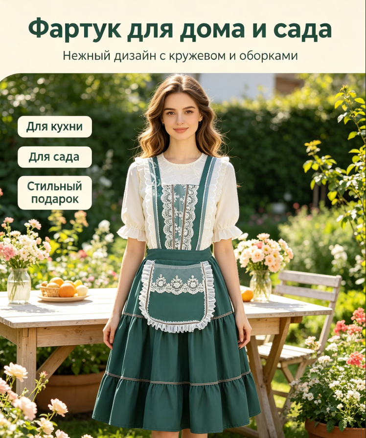 Фартук в винтажном стиле с кружевом, длинный фартук с карманом для кухни, выпечки, для фотосессий в саду