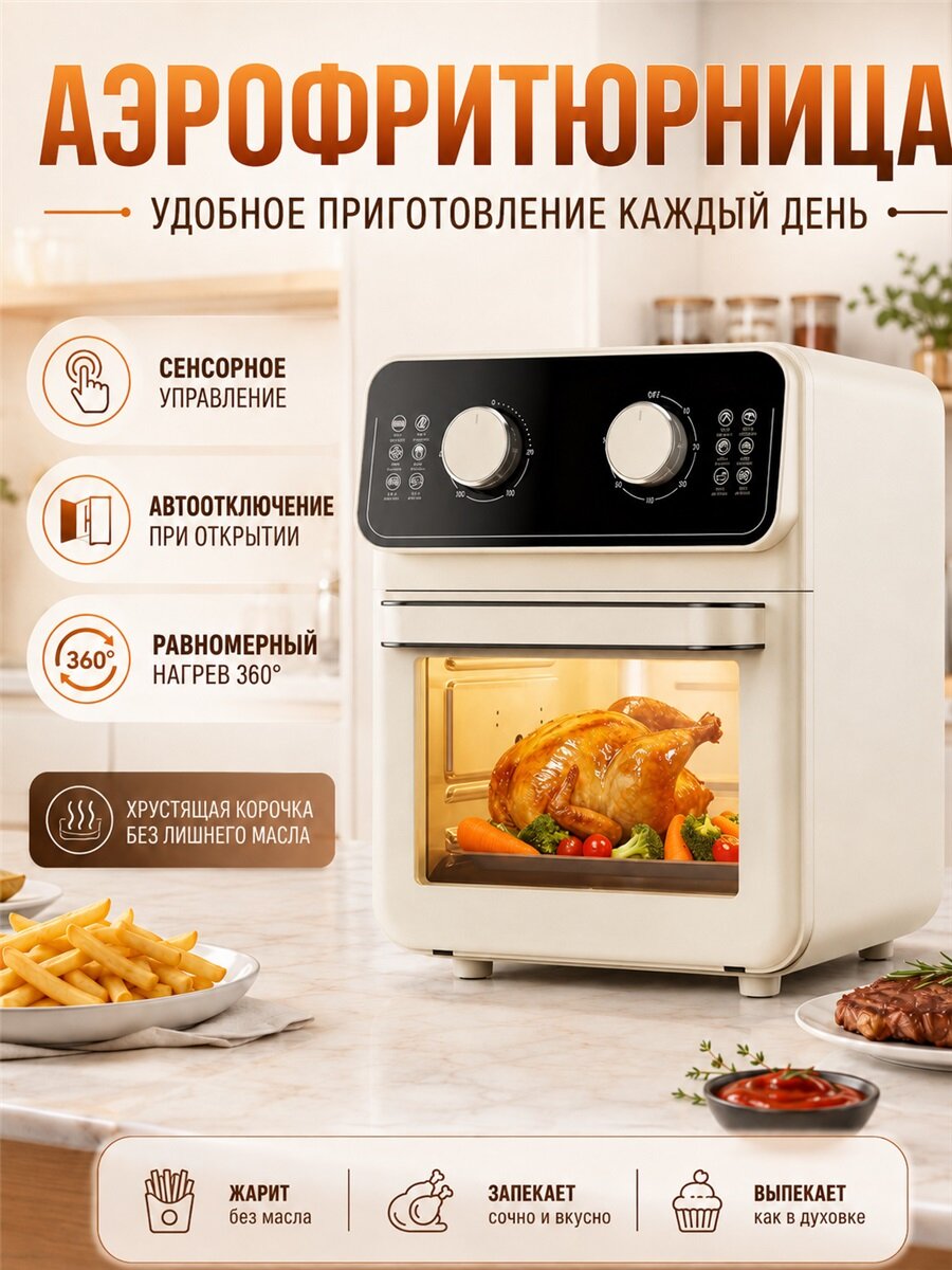 Аэрофритюрница бытовая с сенсорным управлением, горячий воздух 360°, масля‑свободная жарка, универсальный кухонный прибор для запекания и выпечки
