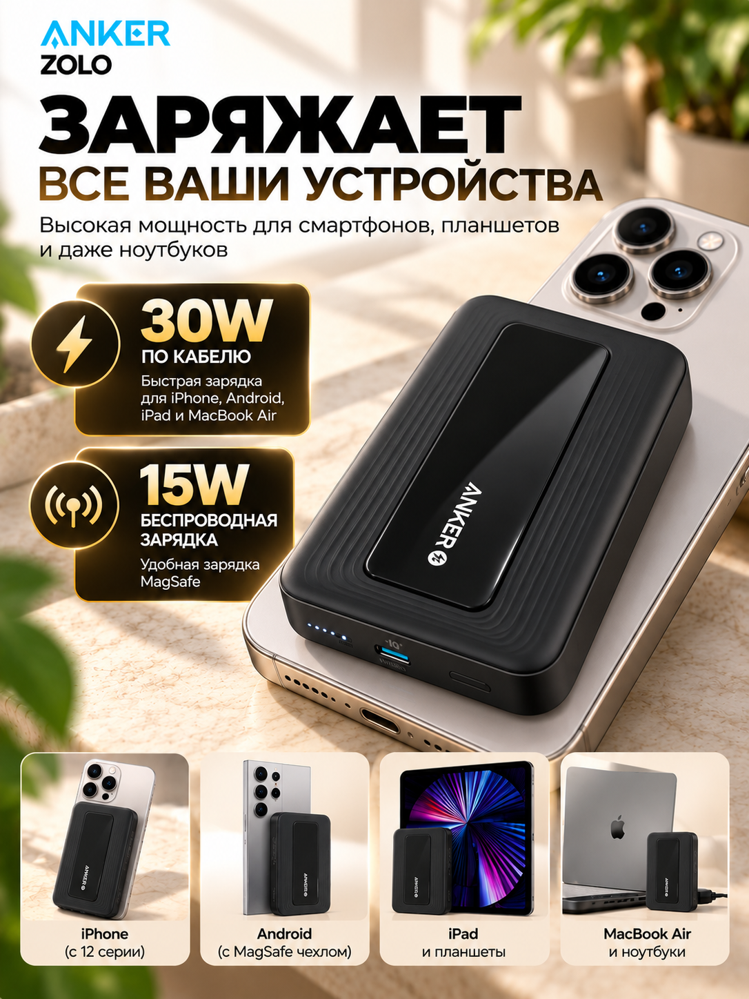 Повербанк Anker Zolo A1684 10000 mAh 30W (Черный) — фото 1