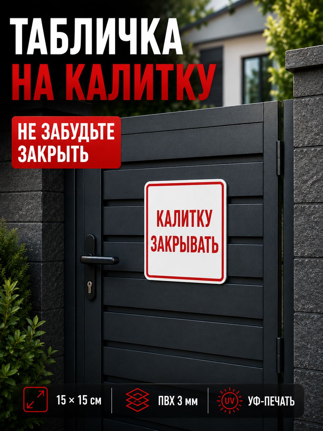 Табличка на калитку Калитку закрывать 15х15 см, ПВХ 3 мм, на ворота, забор, для частного дома и дачи