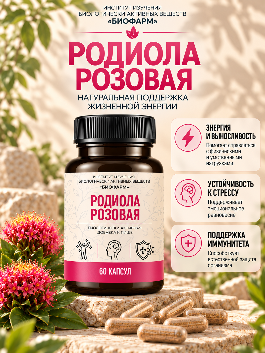 БАД Родиола-энергия без кофеина: натуральный адаптоген, 60 капсул
