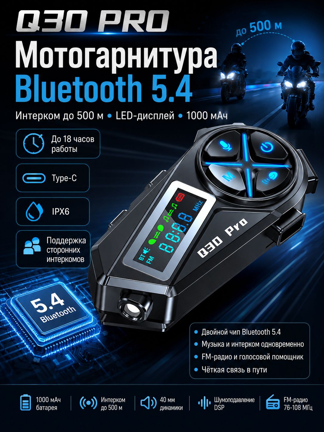 Мотогарнитура Q30 PRO Bluetooth 5.4, интерком до 500 м, LED-дисплей, 1000 мАч, Type-C, IPX6