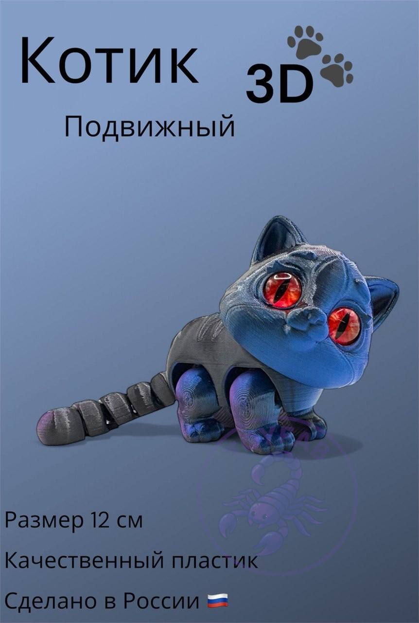 Котик подвижный с глазками игрушка антистресс 3д кот