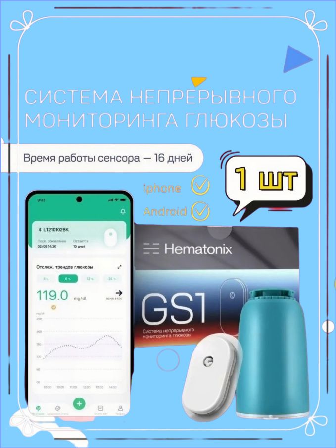 Глюкометр GS1, непрерывная работа 16 дней, совместим с Android и iPhone, 1 шт.