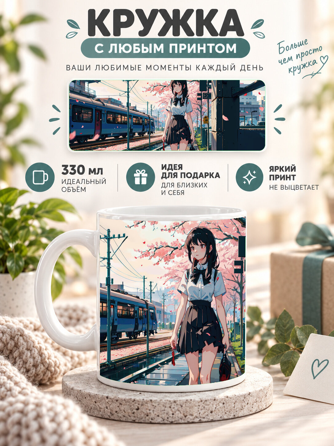 Кружка для чая и кофе MoodRoom, 330 мл, керамическая глянцевая, белая с принтом Anime Girl Cherry Blossom T, MUG3303612