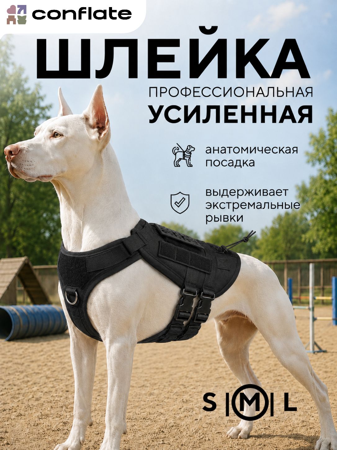 Шлейка для собак средних пород и крупных пород, анатомическая, усиленная, тактическая, размер M, черная