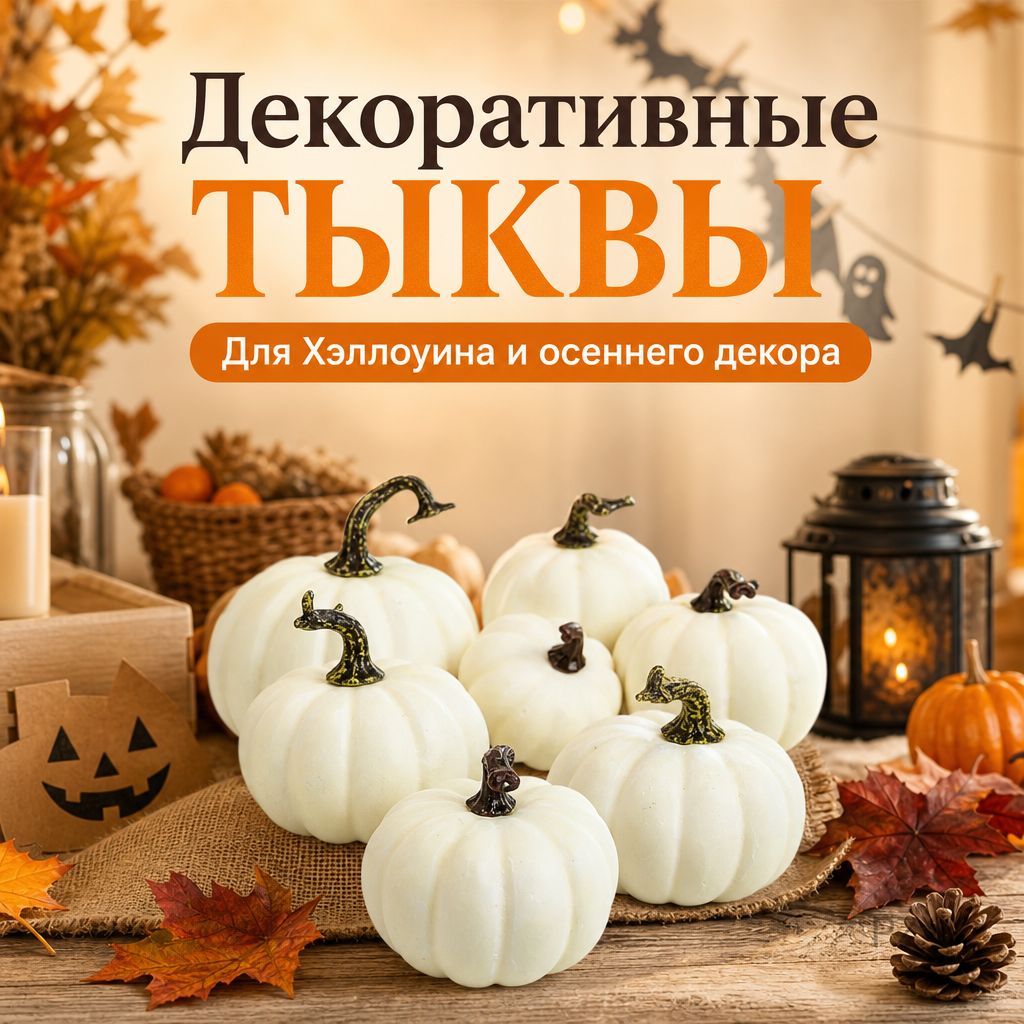 Искусственные декоративные тыквы белые, набор из 6 шт, украшение на Хэллоуин