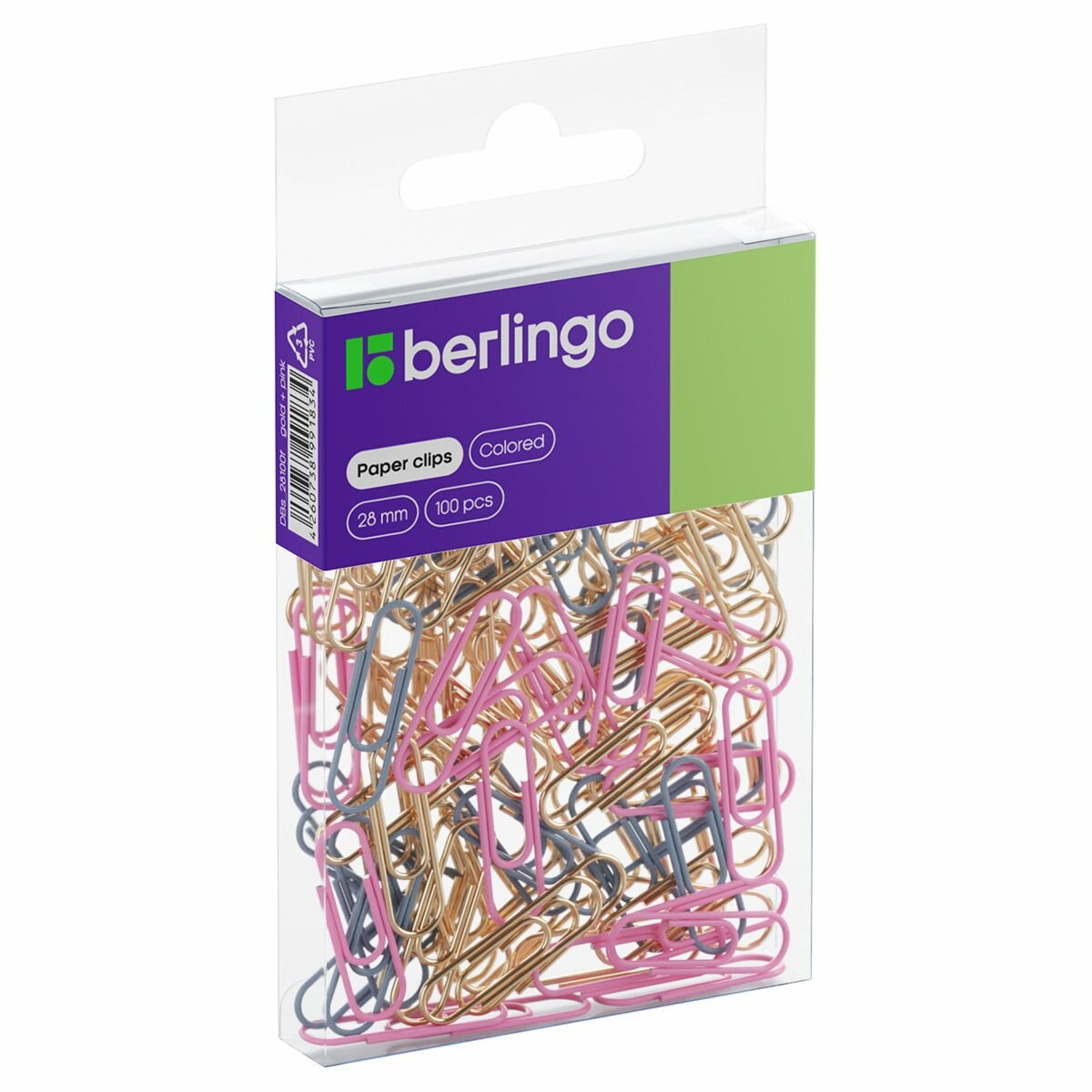 Скрепки Berlingo (28мм, цветные, розовый+золотой) упаковка пвх, 100шт. (DBs_28100f)