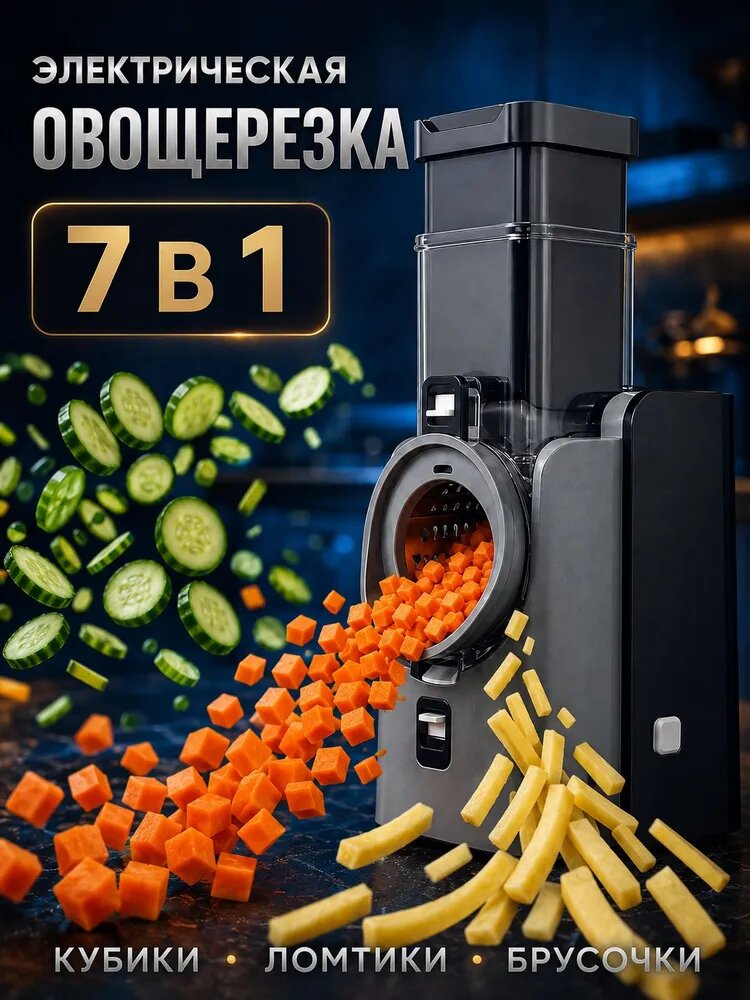 Электрическая овощерезка 7 в 1, нарезка кубиками, ломтиками и брусочками для картофеля фри, 7 сменных насадок