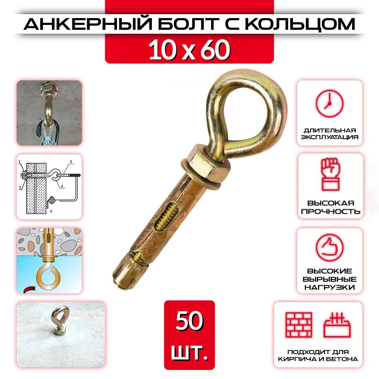 Анкерный болт с кольцом 10х60 мм, 50 шт.