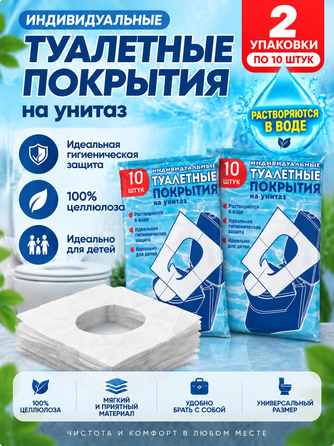 Накладки на унитаз одноразовые бумажные, 20 шт. (2 упаковки по 10 штук), растворимые в воде, универсальные гигиенические покрытия на сиденье унитаза, белые