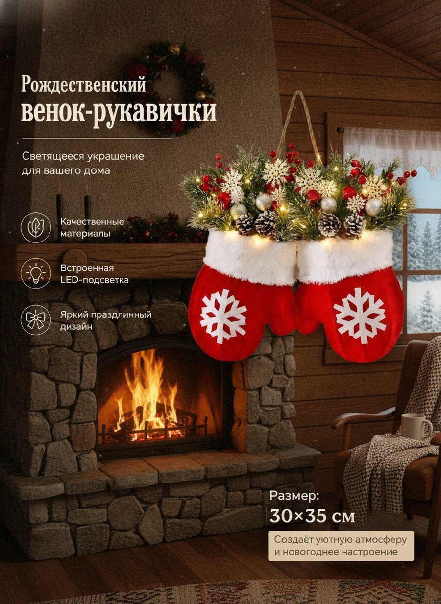 Новогодний венок-перчатка с подсветкой, 40x35 см, плюш, Светодиодная гирлянда, Для дома и елки, Без батареек