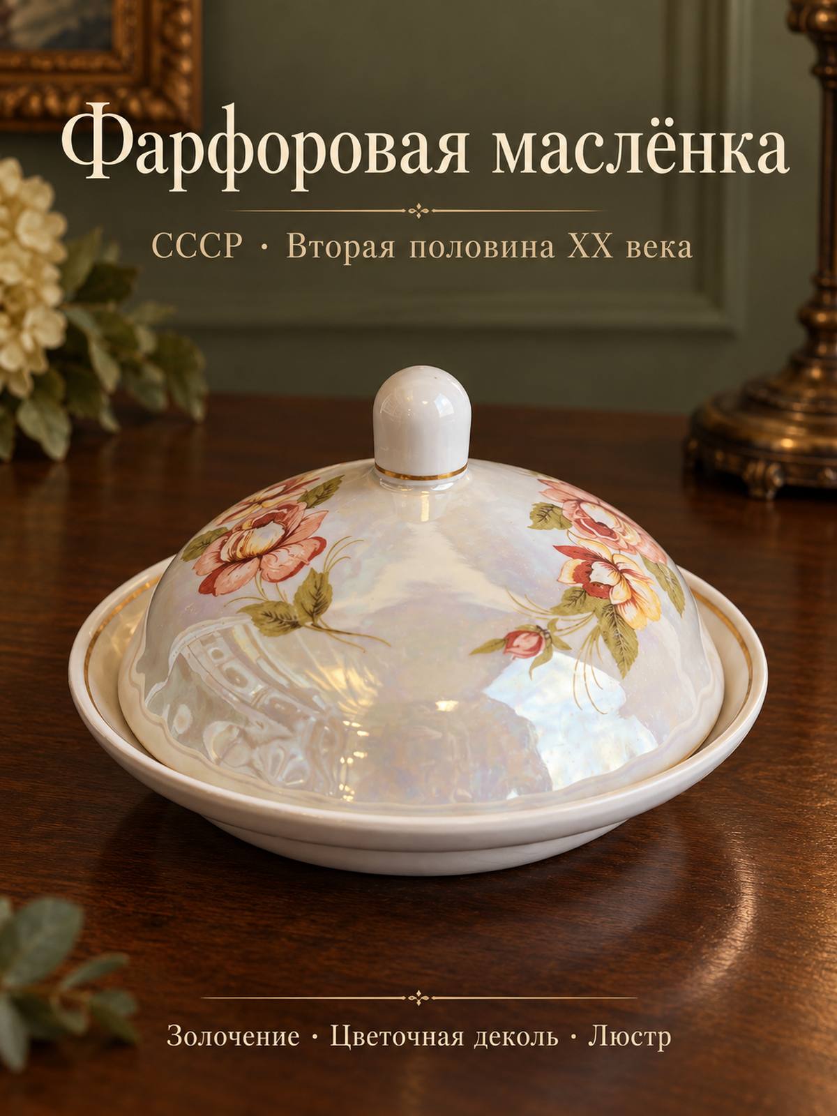 Масленка фарфоровая с цветочной деколью, люстр, золочение, Барановский ФЗ винтаж СССР 1970-1990 гг