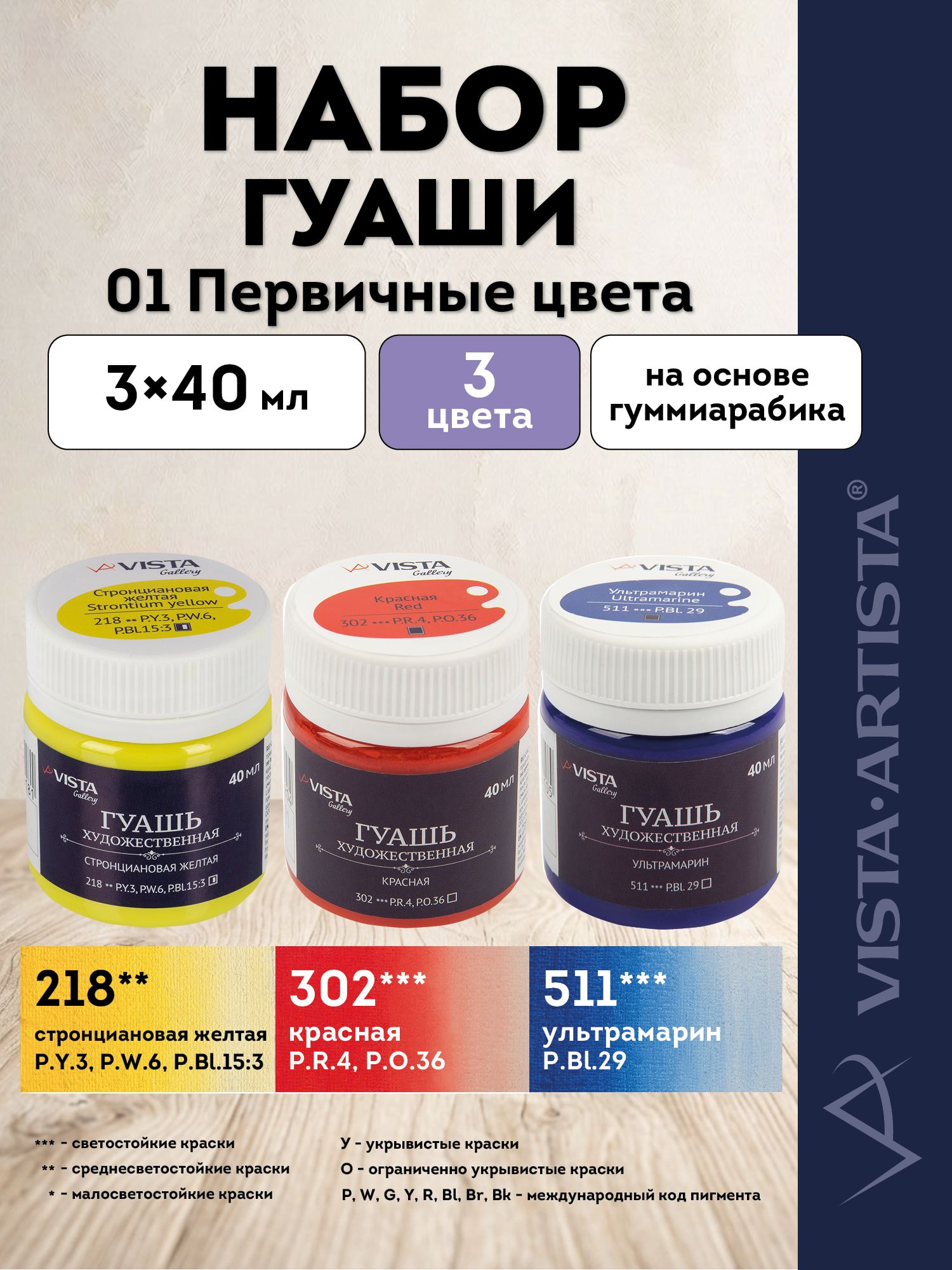 VISTA-ARTISTA Gallery краски гуашь, набор Оттенки, 3 цвета по 40 мл, 01 Первичные цвета (218, 302, 511), VAGS-0340