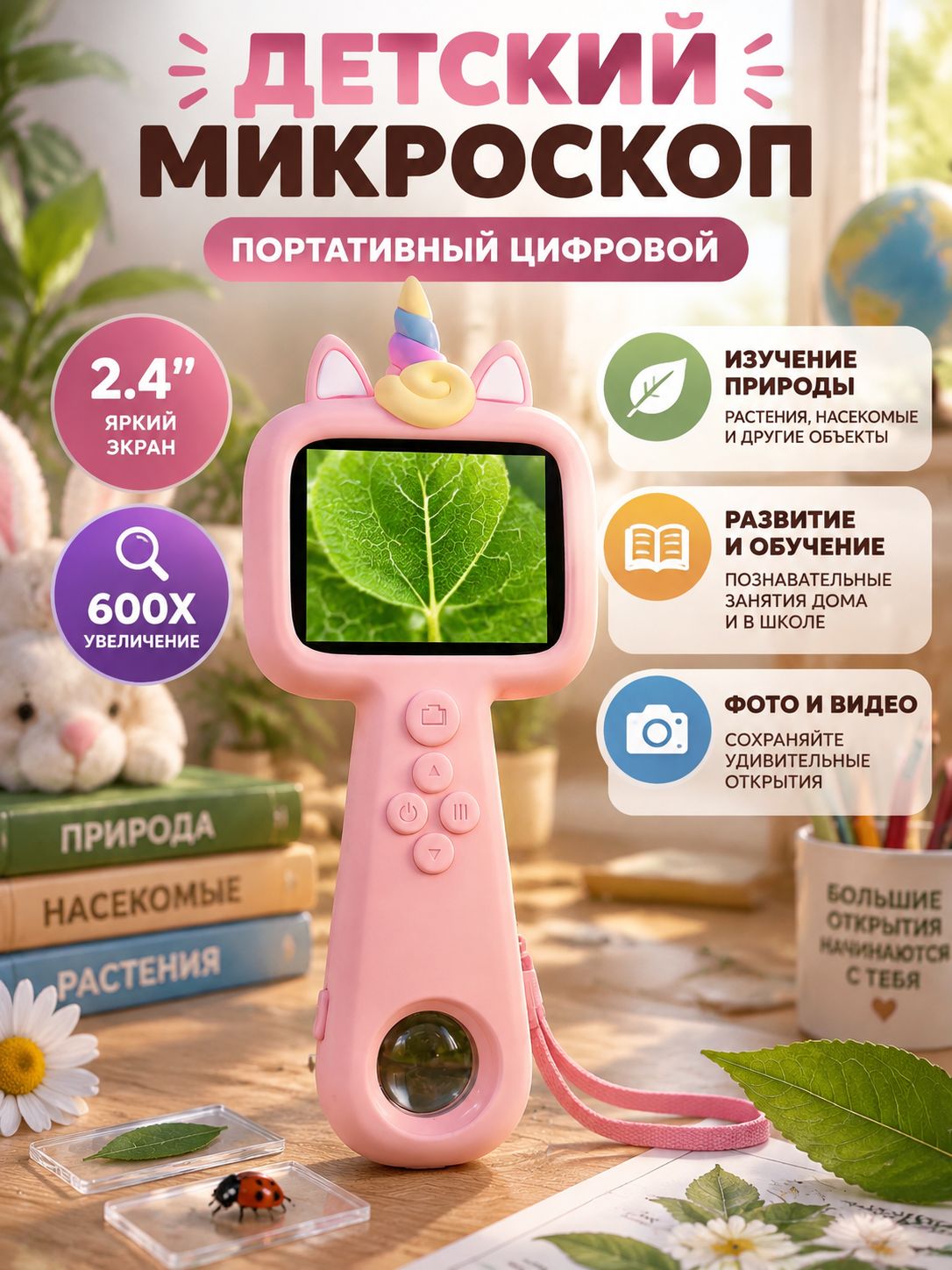Портативный детский цифровой микроскоп лупа с экраном 2.4" фото видео 600x