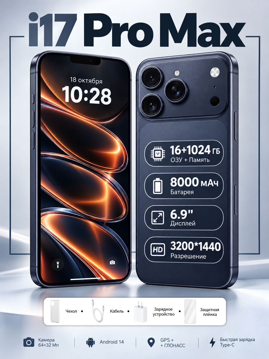 Смартфон i17 Pro Max, 16 ГБ ОЗУ + 1 ТБ, Android 14, 5G, экран 6,9", аккумулятор 8000 мАч