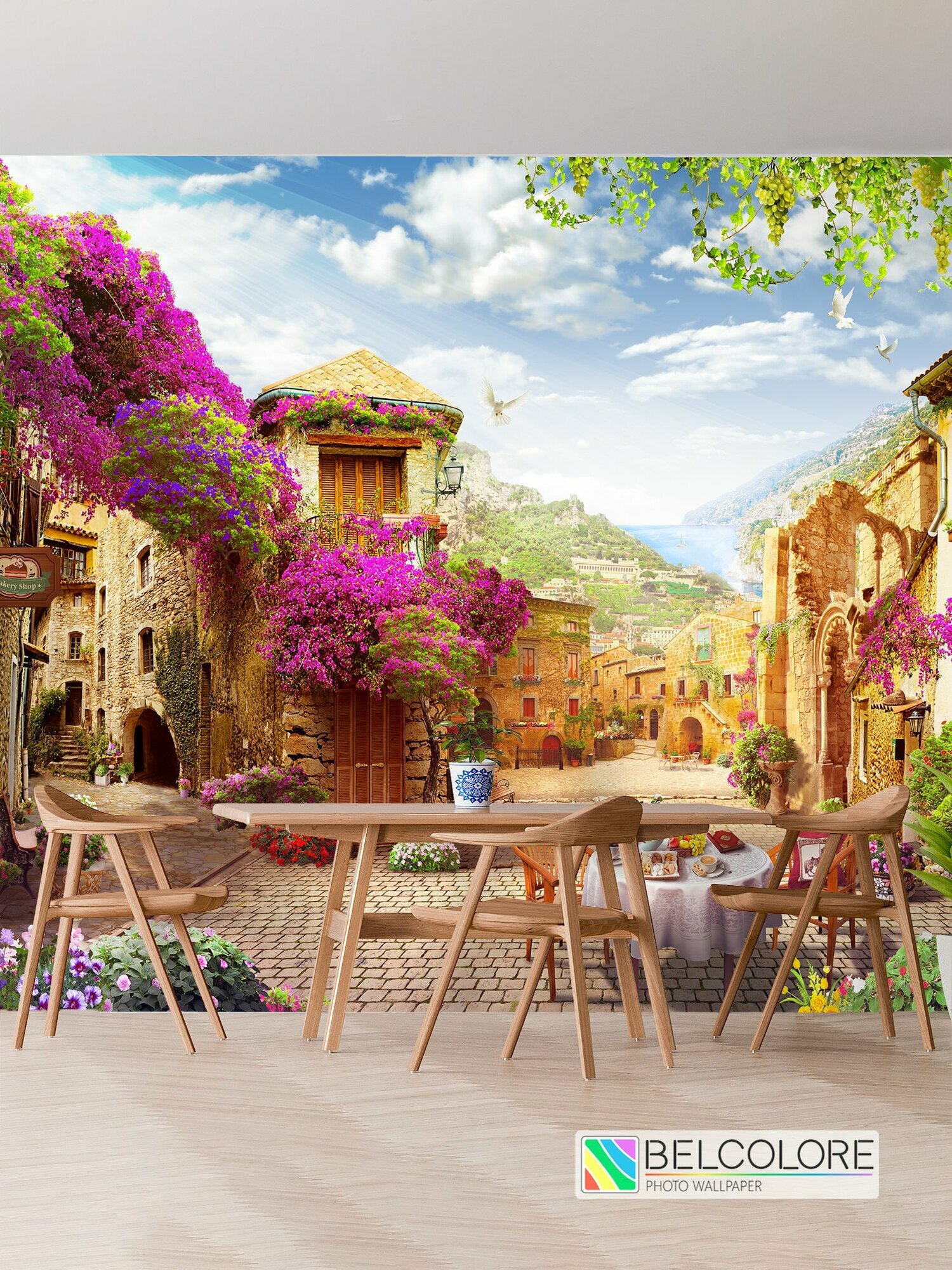 Фотообои на стену флизелиновые, Старинный европейский город на берегу моря 3d, 300х270 см, на кухню, в спальню, рельефные, с виниловым покрытием, моющиеся