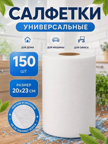 Изображение товара Салфетки рулонные для уборки универсальные Доляна, рулон, 20×23 см, 40 г/м², 150 шт