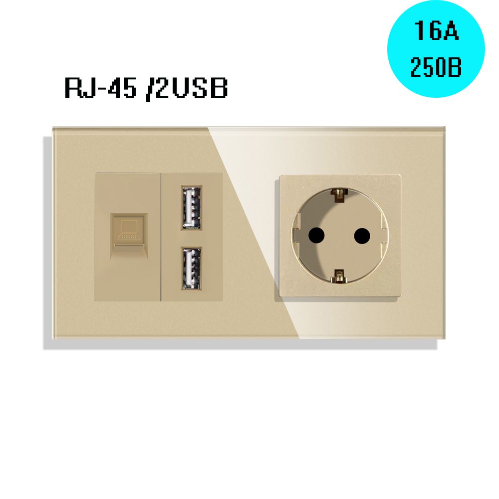 Розетка с RJ-45 /2USB, интернет розетка CAT6+USB, рамка стекло Золотой
