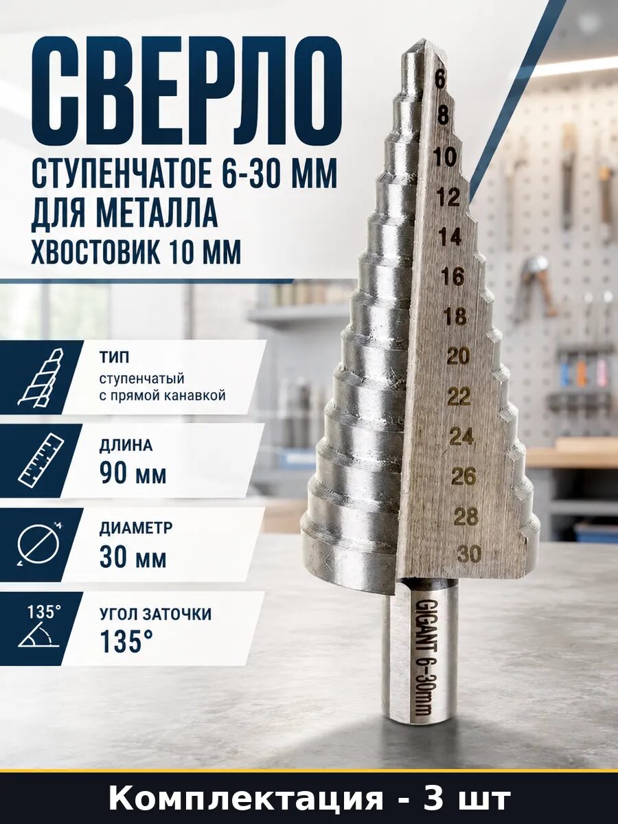 Сверло расширитель HSS 6-30мм для металла шаг 2мм набор 3 шт