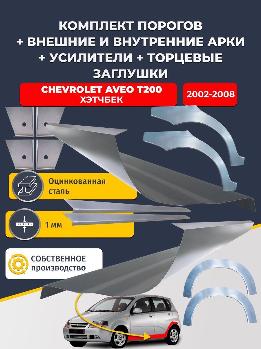 Комплект ремонтных задних внешних и внутренних арок (0,8 мм) + комплект порогов + 4 торцевые заглушки + усилители, на Chevrolet Aveo T200 2002-2008 хэтчбек 5 дв (Авео Т200) Оцинкованная сталь 1 мм
