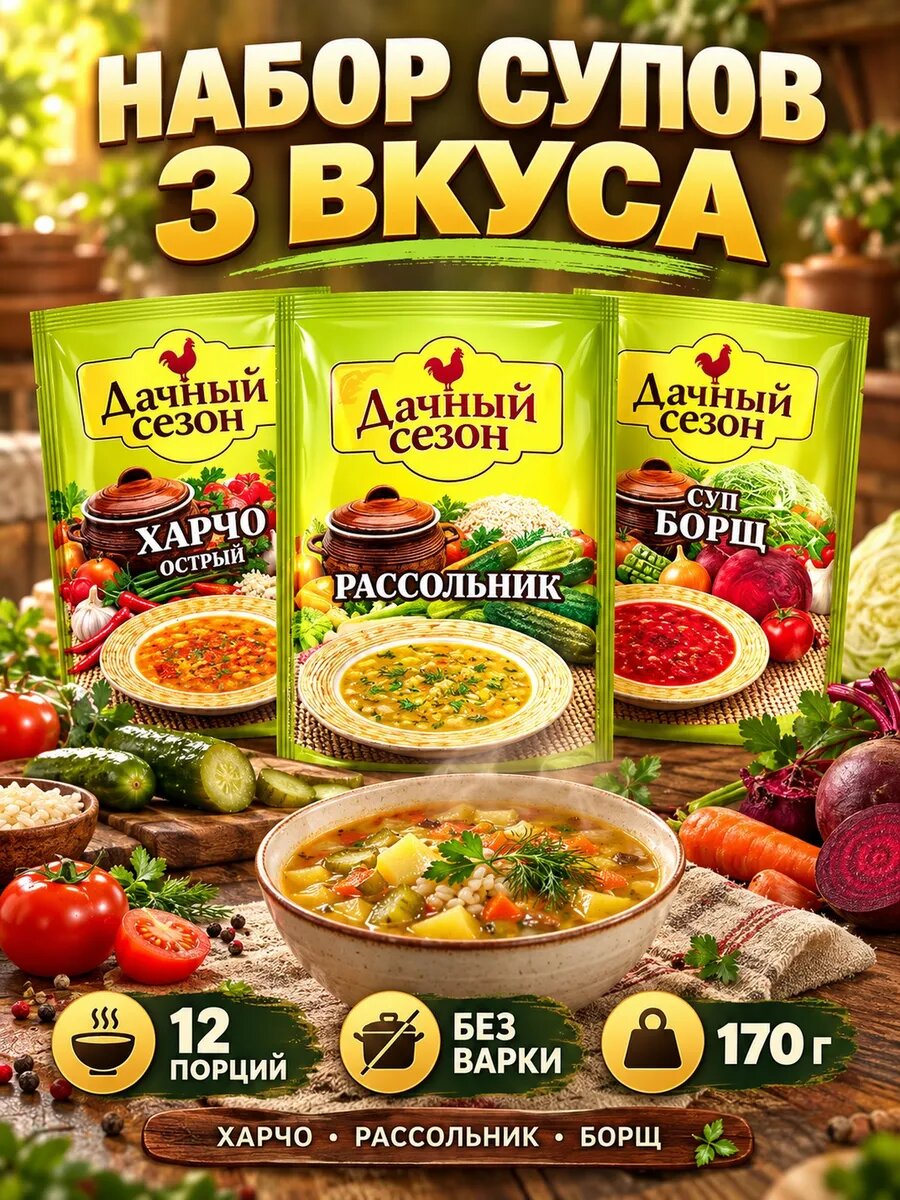 Набор супов 3 вкуса харчо рассольник борщ 170г — супы быстрого приготовления
