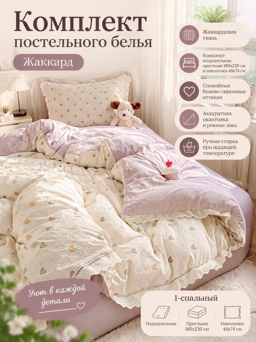 Комплект постельного белья жаккард, 1-спальный, простыня 180x230 и наволочки 48x74, бежевый