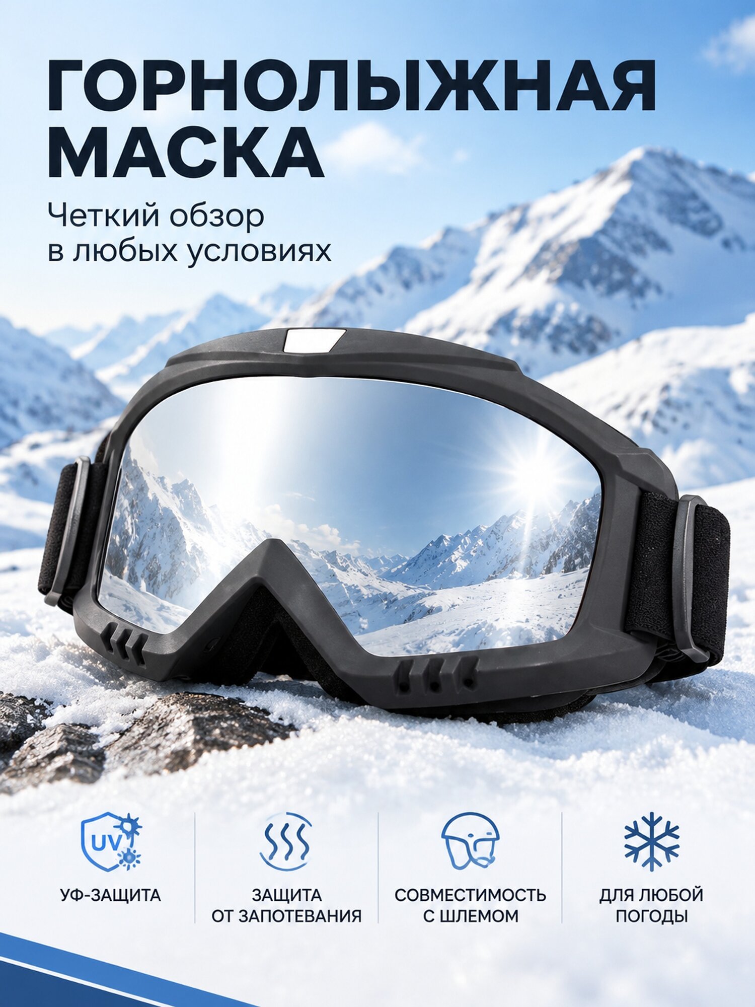 Горнолыжная маска для взрослых с УФ-защитой и серебристой линзой