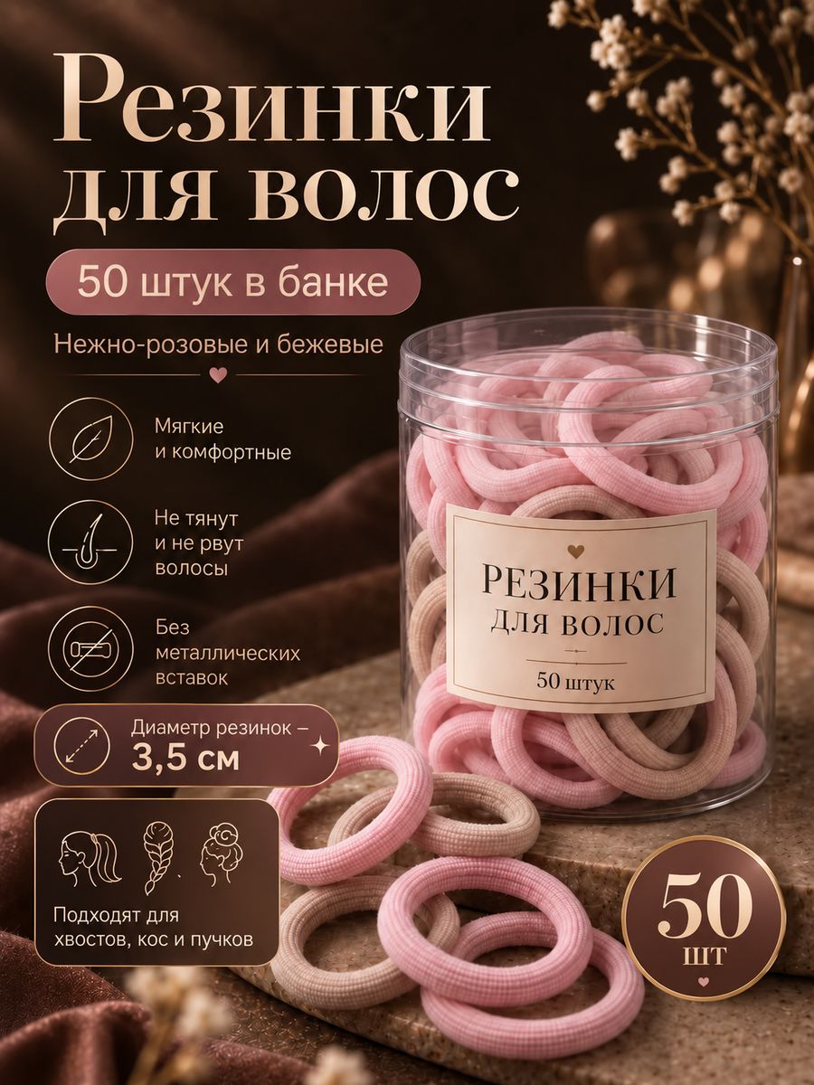 Резинки для волос в банке, розово-коричневые, набор 50 шт