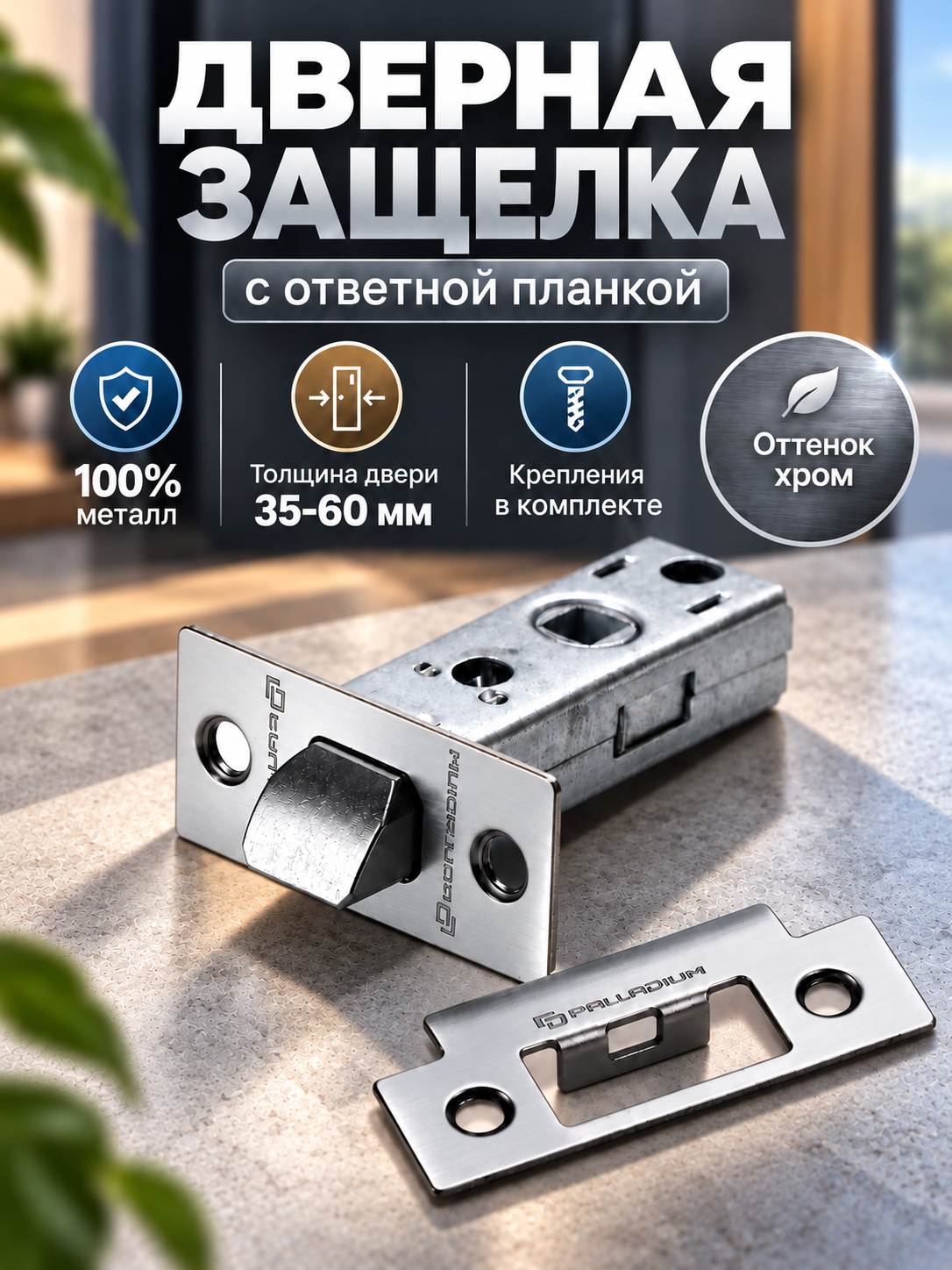 Защелка дверная врезная межкомнатная, толщина двери 35-60 мм, цвет хром