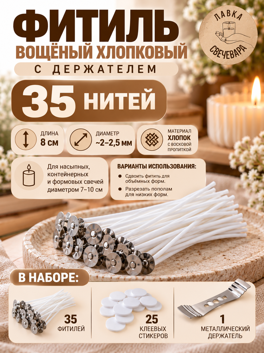 Набор: фитиль вощёный хлопковый 8 см/36 нитей. 25шт + клеевые стикеры + металлический центровщик.