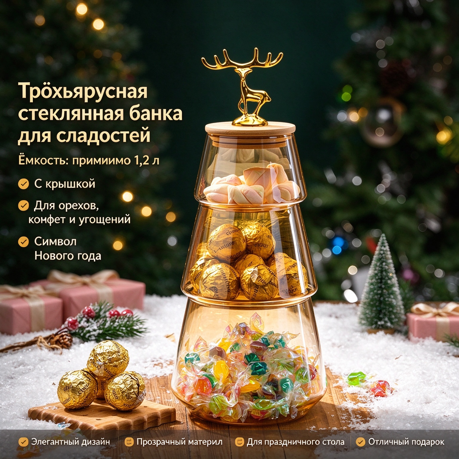 Трехъярусная стеклянная банка для конфет в виде елки, органайзер для орехов и снеков с деревянной крышкой