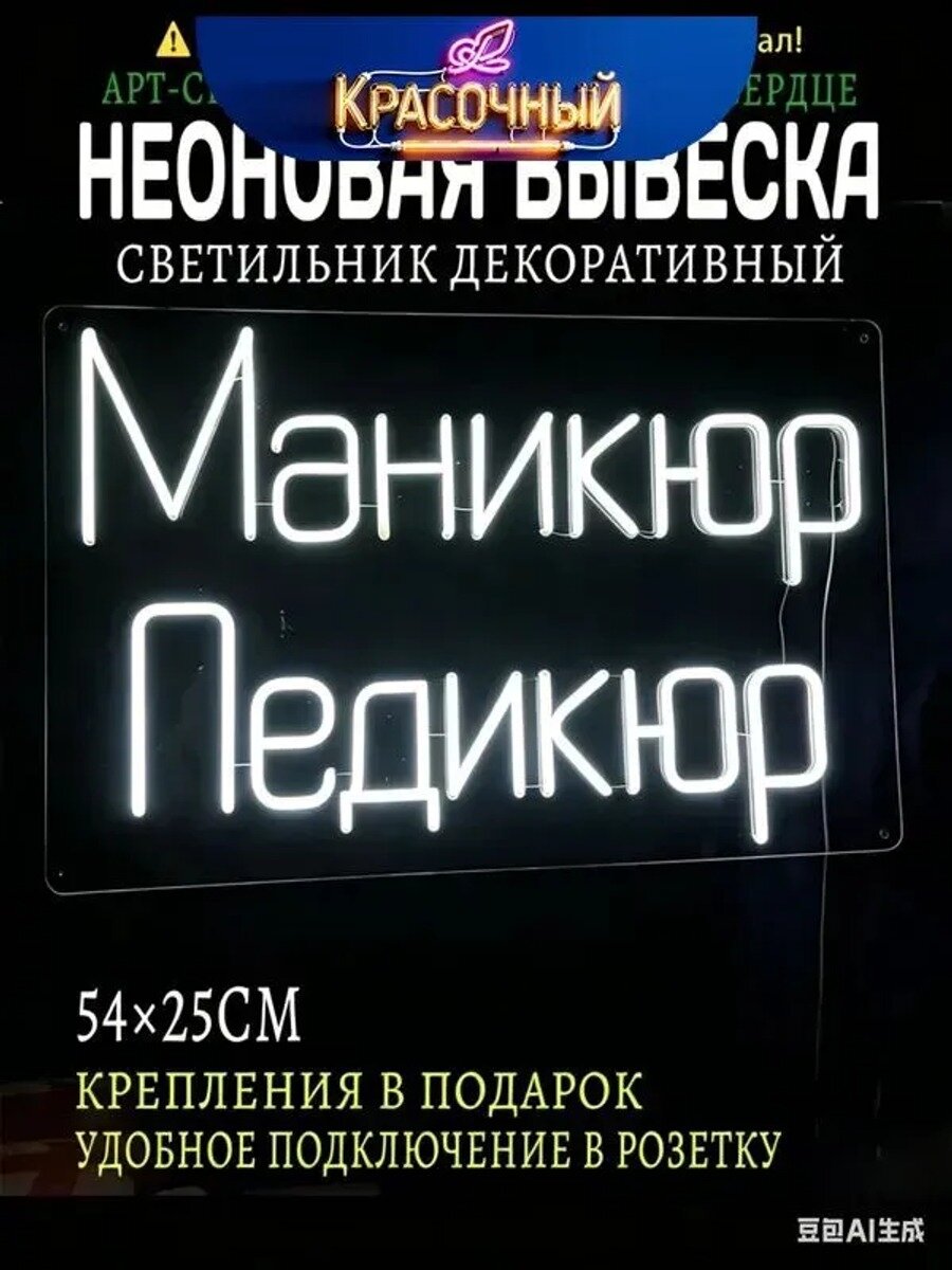 Неоновая вывеска "маникюр педикюр" 54х25CM, светильник декоративный, цвет 230