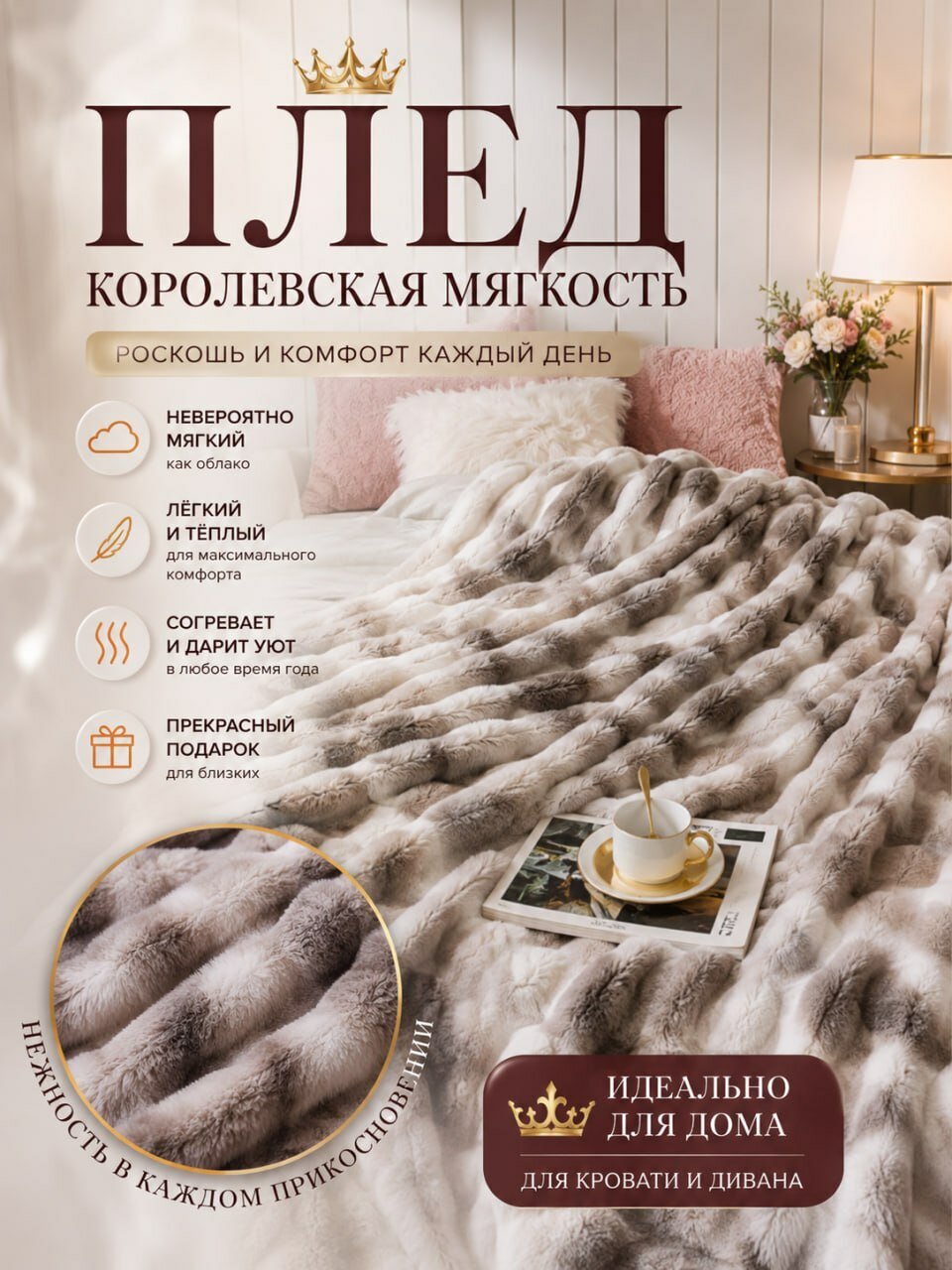 Плед Королевская мягкость 200х230 см, молочный, 100% полиэстер, мягкий и тёплый, двусторонний, для дома и дачи, евро размер