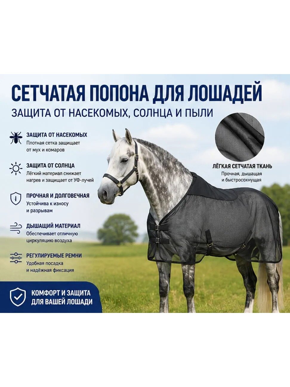 Летняя сетчатая попона для лошади москитная солнцезащитная с регулируемыми ремнями от насекомых 184*187cm