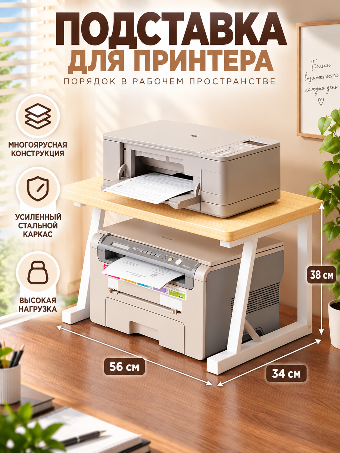 Подставка для принтера настольная с усиленным каркасом, высокая нагрузка, органайзер для организации рабочего пространства на столе